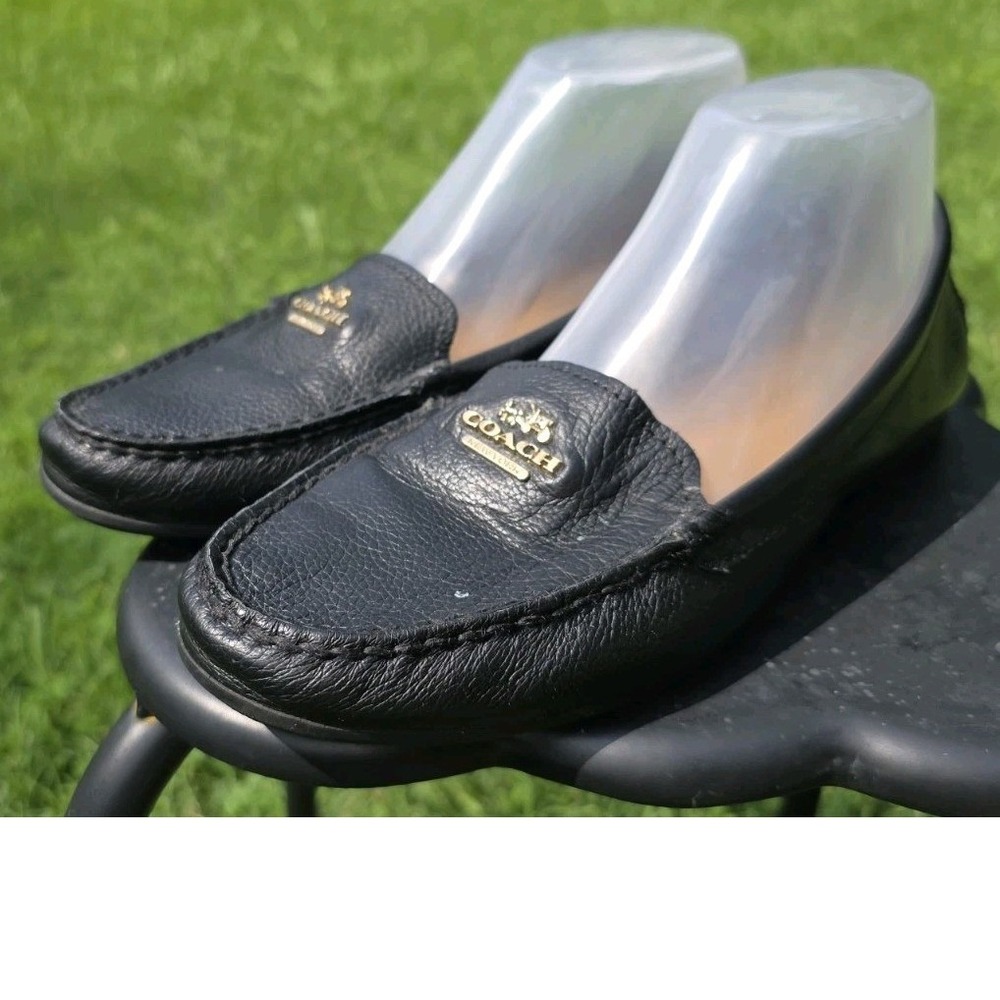 Coach Marley Black Pebbled Leather Driving Moccasin Loafers Gold Logo Size 8.5B